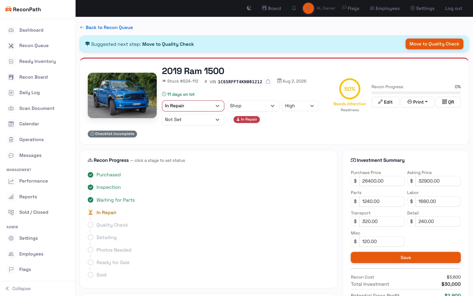 Adding a vehicle — the actual screen in ReconPath
